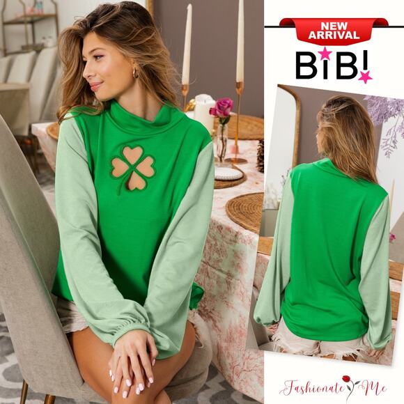 BiBi Color Block Clover Cut Out Detail Long Puff Sleeves Relaxed Fit Top | Green - Picture 1 of 3